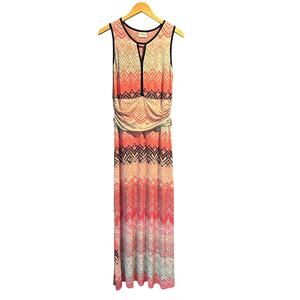 Boho Maxi Dress Size Large Pink Peach Navy Print Keyhole neckline Knit Comfy